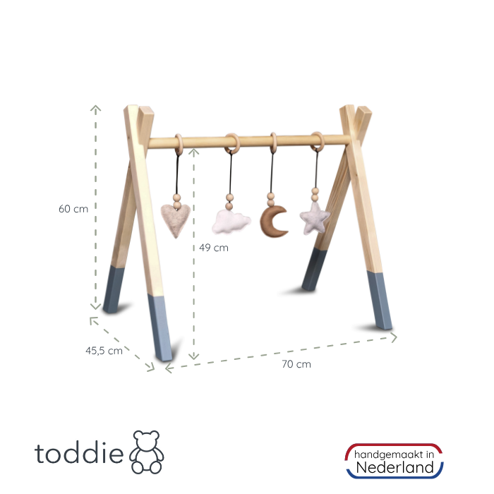 Houten babygym Denim drift, met naturel hangers, Tipi vorm massief hout - toddie.nl