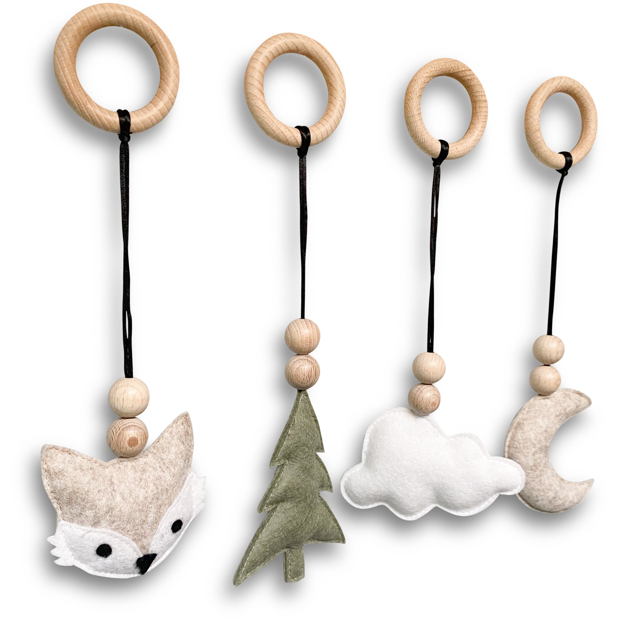 Blank houten babygym | Speelboog massief hout - bosdieren hangers - toddie.nl