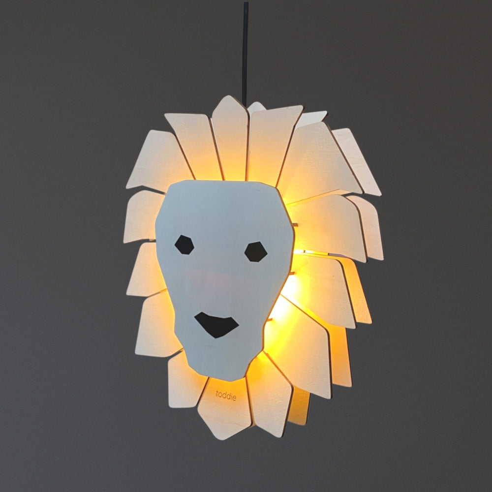 Houten hanglamp kinderkamer | Leeuw - blank