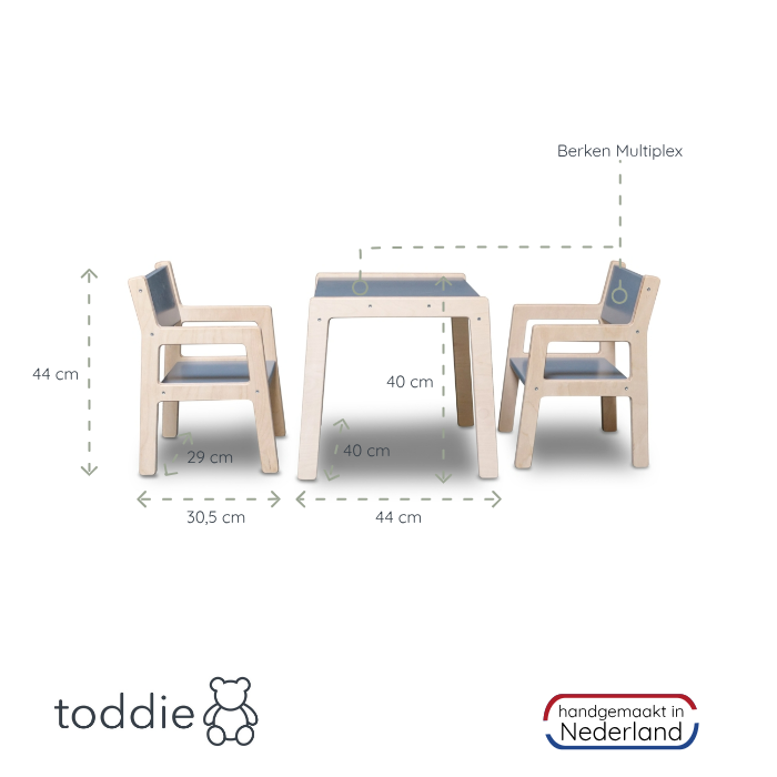 Houten kindermeubelsetje 1-4 jaar | Denim Drift (blauw/grijs) | Tafeltje + 2 stoeltjes - toddie.nl