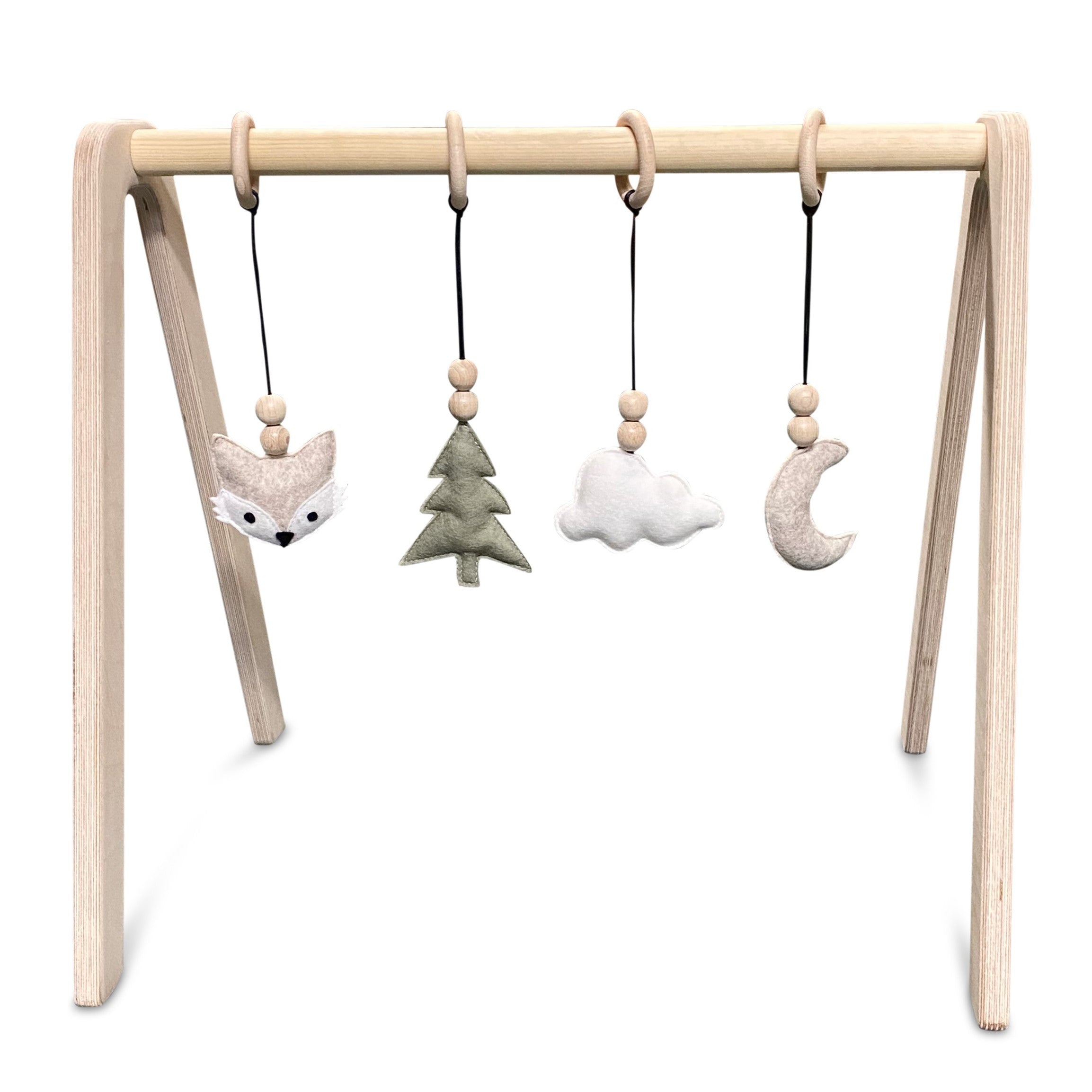 Blank houten babygym , met bosdieren hangers , speelboog massief hout - toddie.nl