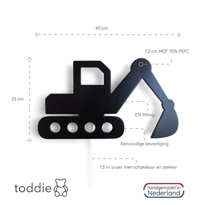 Houten wandlamp kinderkamer | Graafmachine, zwart - toddie.nl