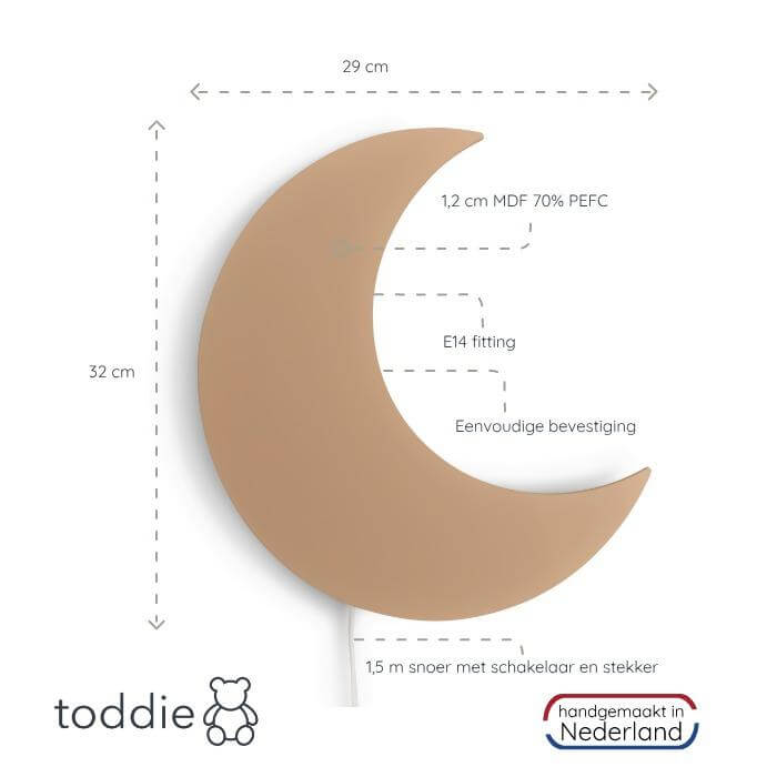Houten wandlamp kinderkamer | Maan - Spiced honey - toddie.nl