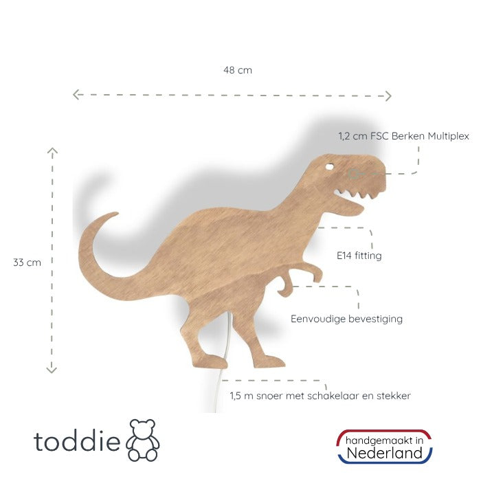Houten wandlamp kinderkamer | Tyrannosaurus - toddie.nl