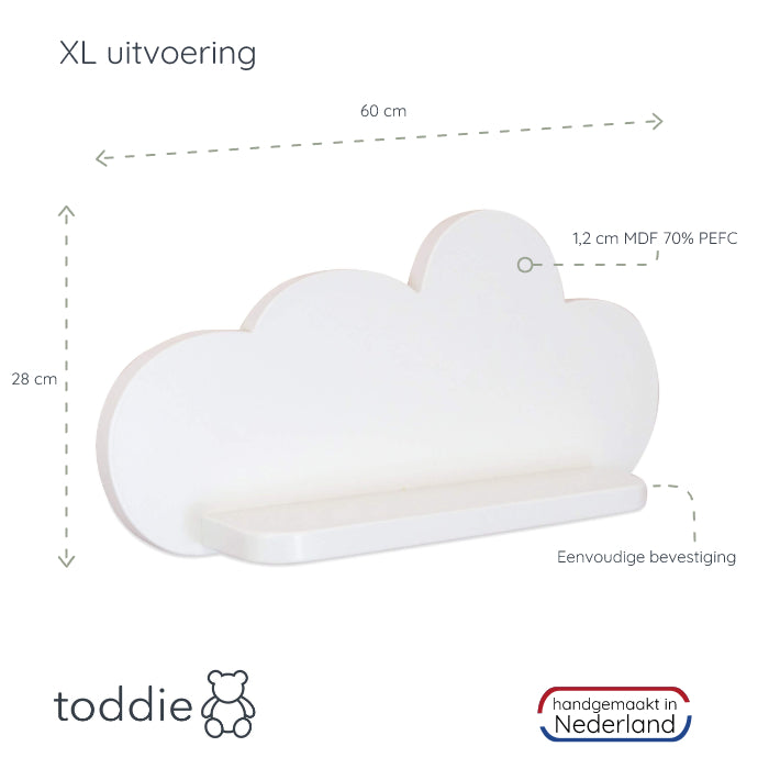 Grote witte houten wandplank XL wolk, plank kinderkamer | Wolkie - toddie.nl