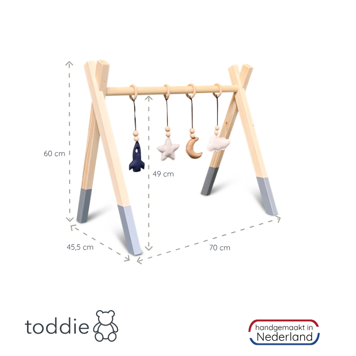 Houten babygym Denim drift, met ruimte hangers , Tipi vorm massief hout - toddie.nl