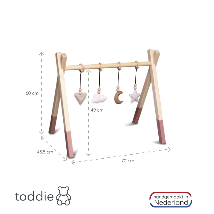 Houten babygym Terra roze, met naturel hangers, Tipi vorm massief hout - toddie.nl