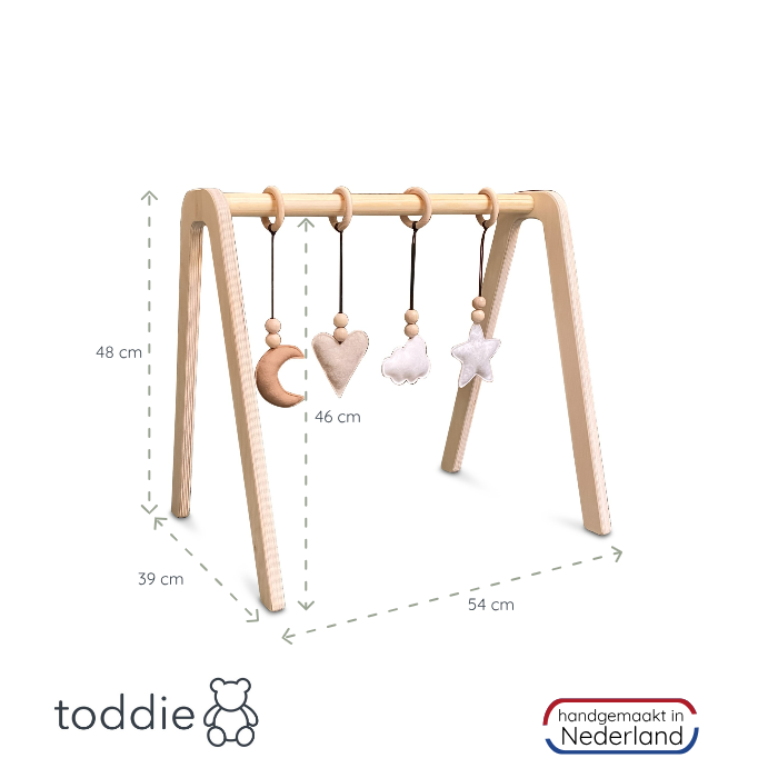 Blank houten babygym , met naturel hangers , speelboog massief hout - toddie.nl