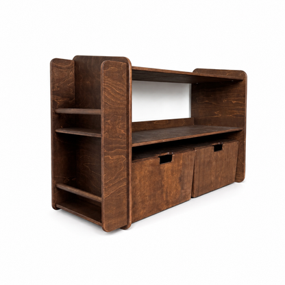 Jollie montessori open speelgoedkast met boekenkast + rijdende opbergkisten - Wengé - toddie.nl ®