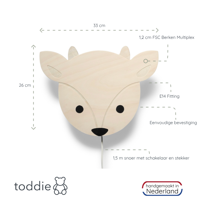 Houten wandlamp kinderkamer | Hertje - toddie.nl