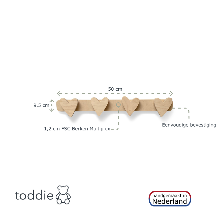 Houten kapstok kinderkamer | Hartjes - blank - toddie.nl ®