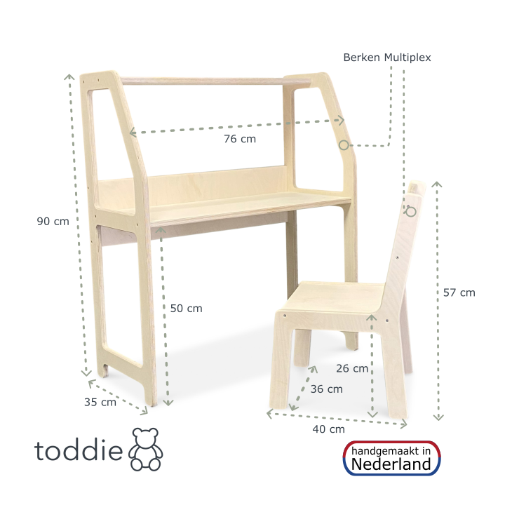 Moodie montessori houten bureau kinderkamer 2-7 jaar | Met stoel - blank