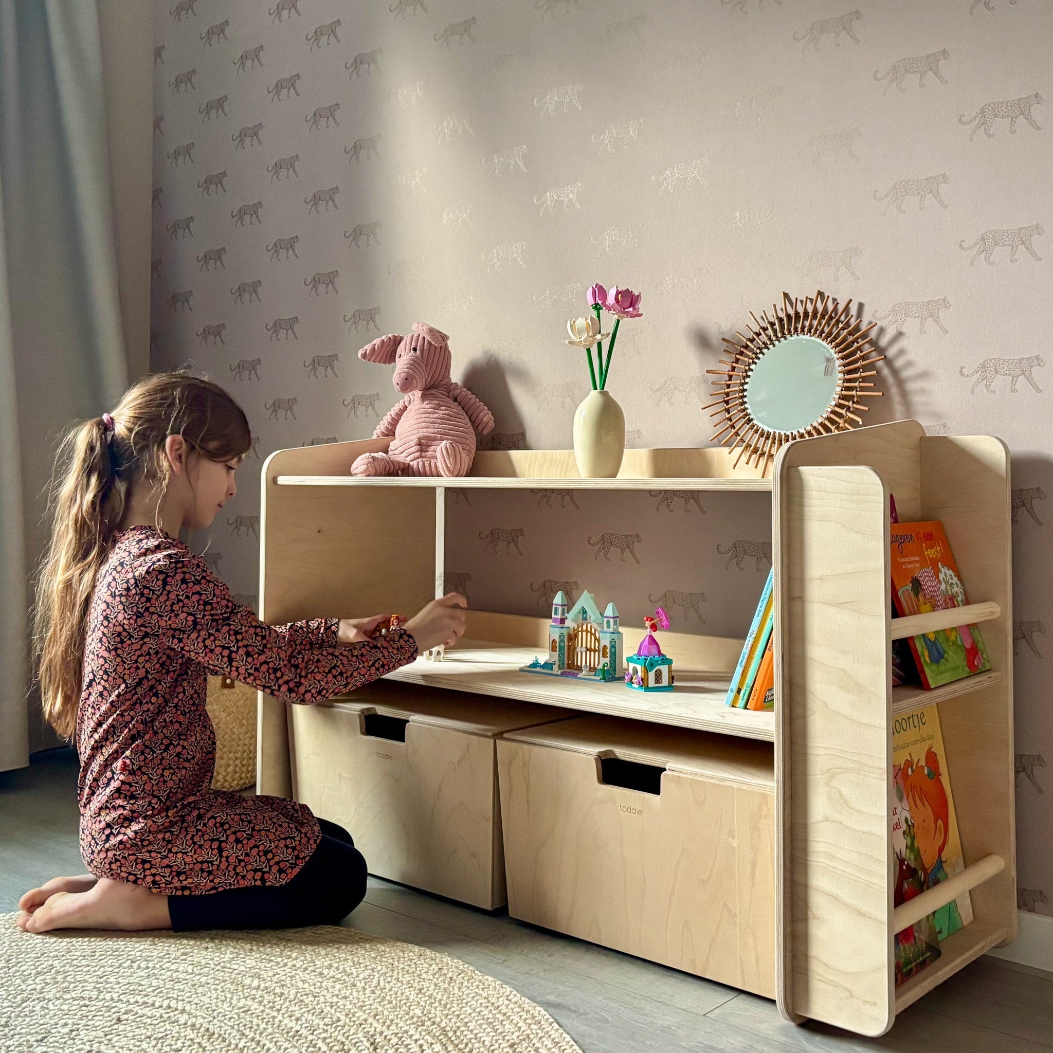 Jollie montessori open speelgoedkast met boekenkast+ rijdende opbergkisten | Boekenkast 2 planken - blank