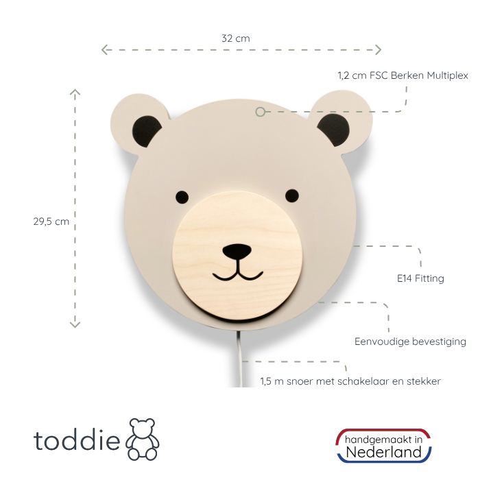 Houten wandlamp kinderkamer | Teddy multiplex, Beige - toddie.nl