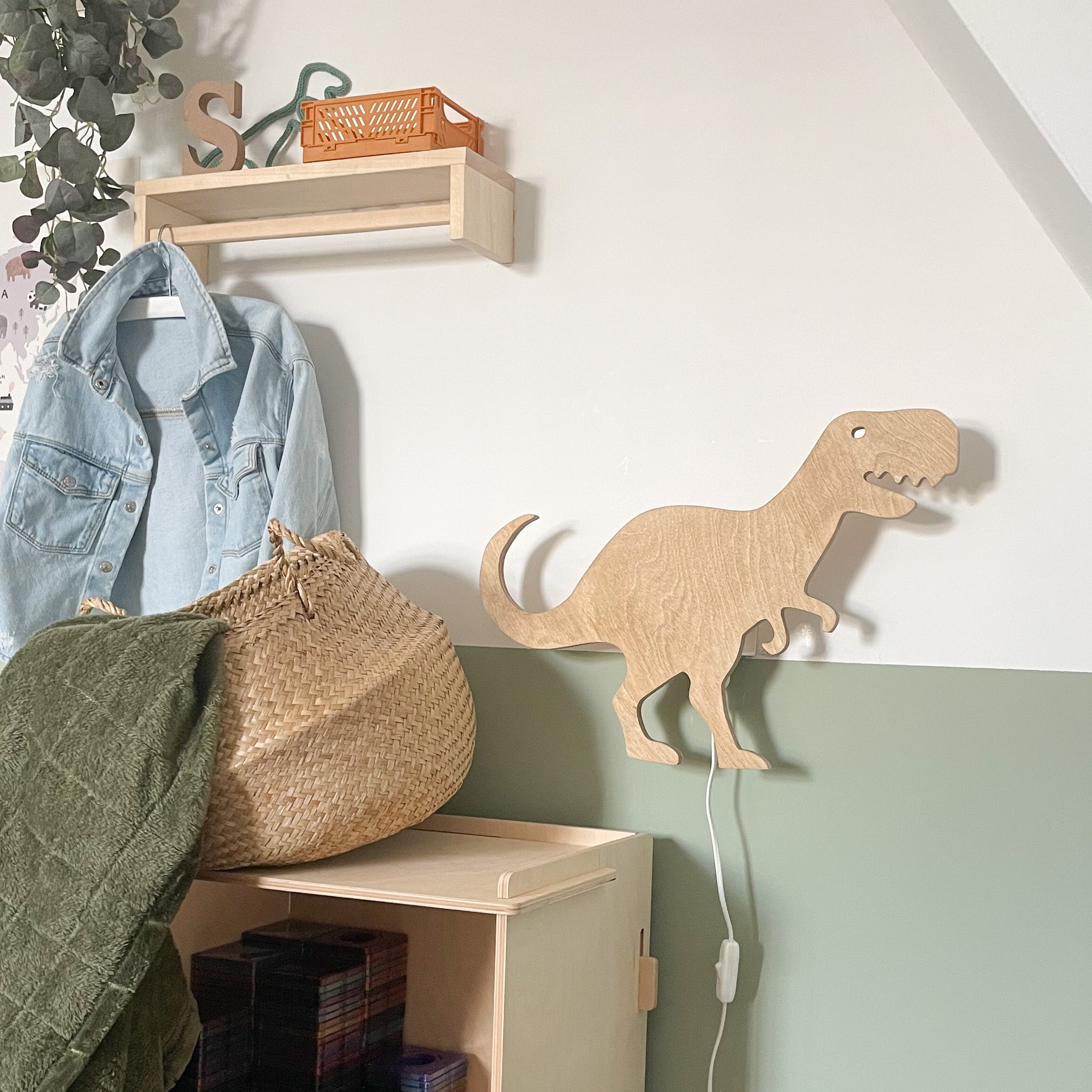 Houten wandlamp kinderkamer | Tyrannosaurus - blank