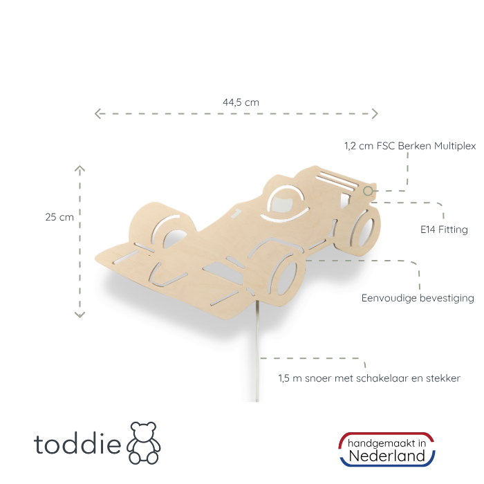 Houten wandlamp kinderkamer | Racewagen, Formule 1 multiplex - toddie.nl