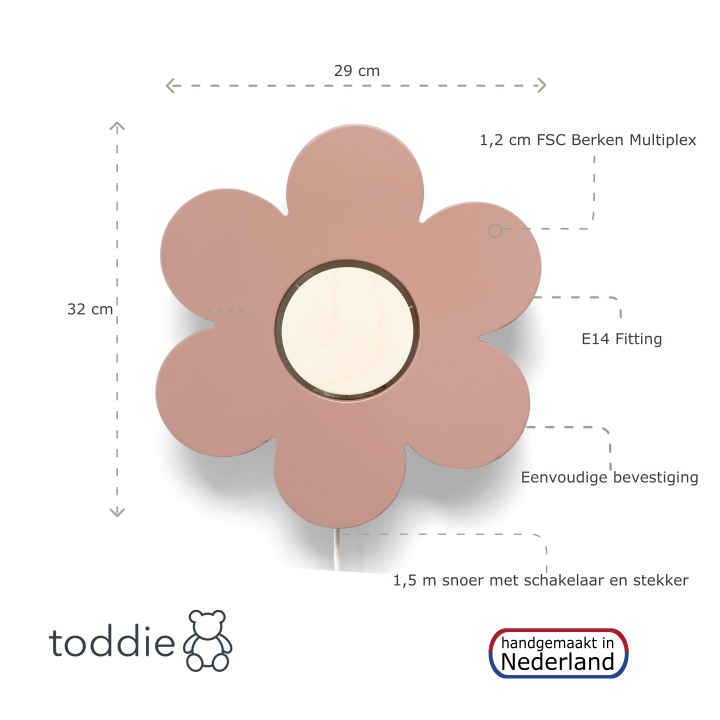 Houten wandlamp kinderkamer | Bloem - Terra roze - toddie.nl