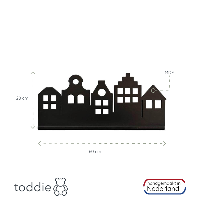 XL houten wandplank | Grachtenpanden - zwart - toddie.nl