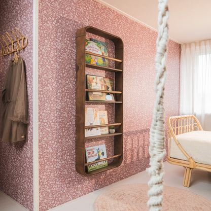 Novie montessori rond boekenrek kinderkamer | 4 planken - Wengé gebeitst - toddie.nl ®