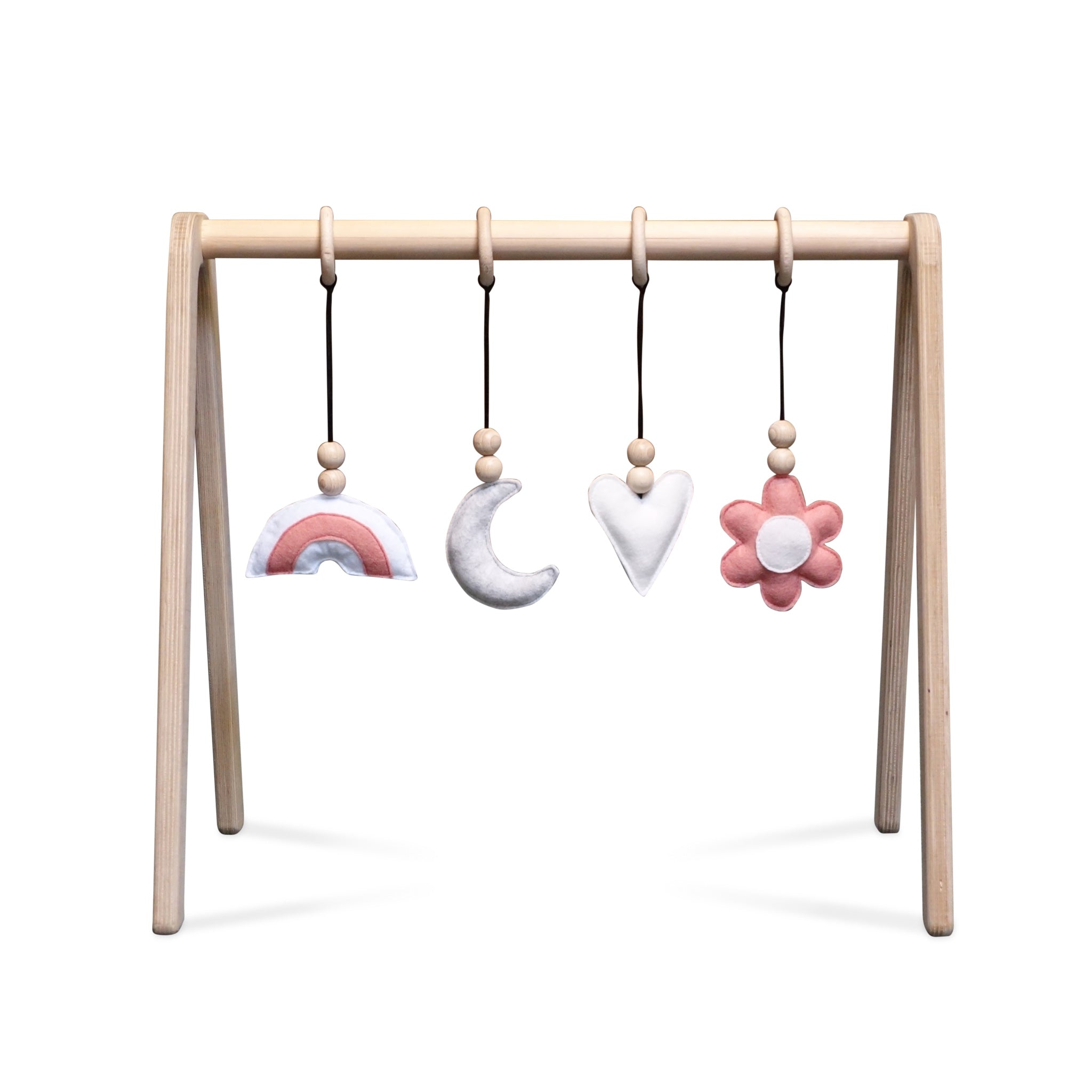 Blank houten babygym , met bloem en regenboog , speelboog massief hout - toddie.nl