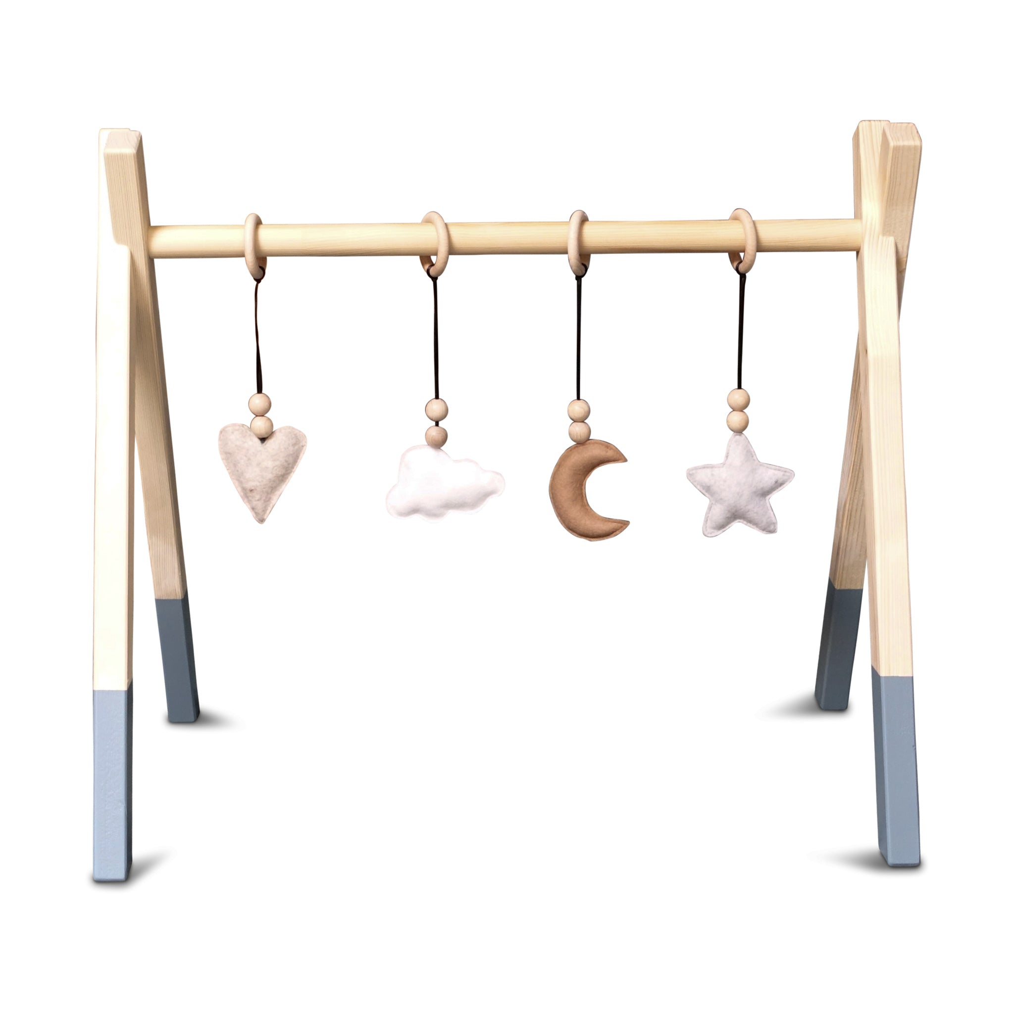 Houten babygym Denim drift, met naturel hangers , Tipi vorm massief hout - toddie.nl