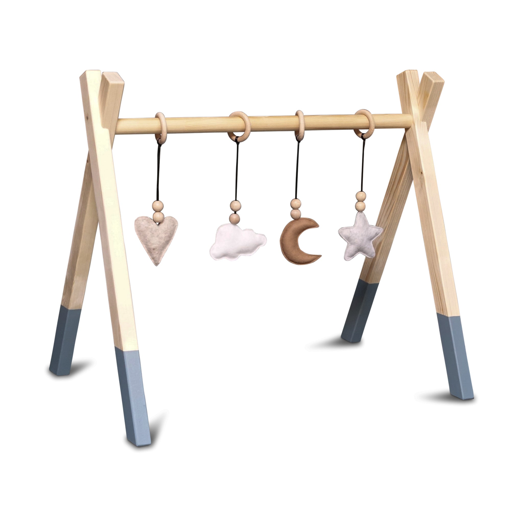 Houten babygym Denim drift, met naturel hangers , Tipi vorm massief hout - toddie.nl