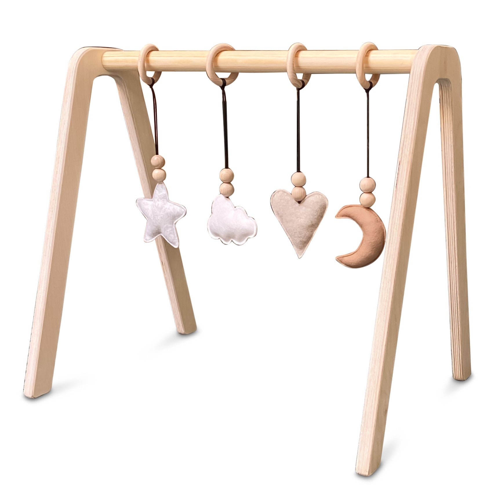 Blank houten babygym , met naturel hangers , speelboog massief hout - toddie.nl