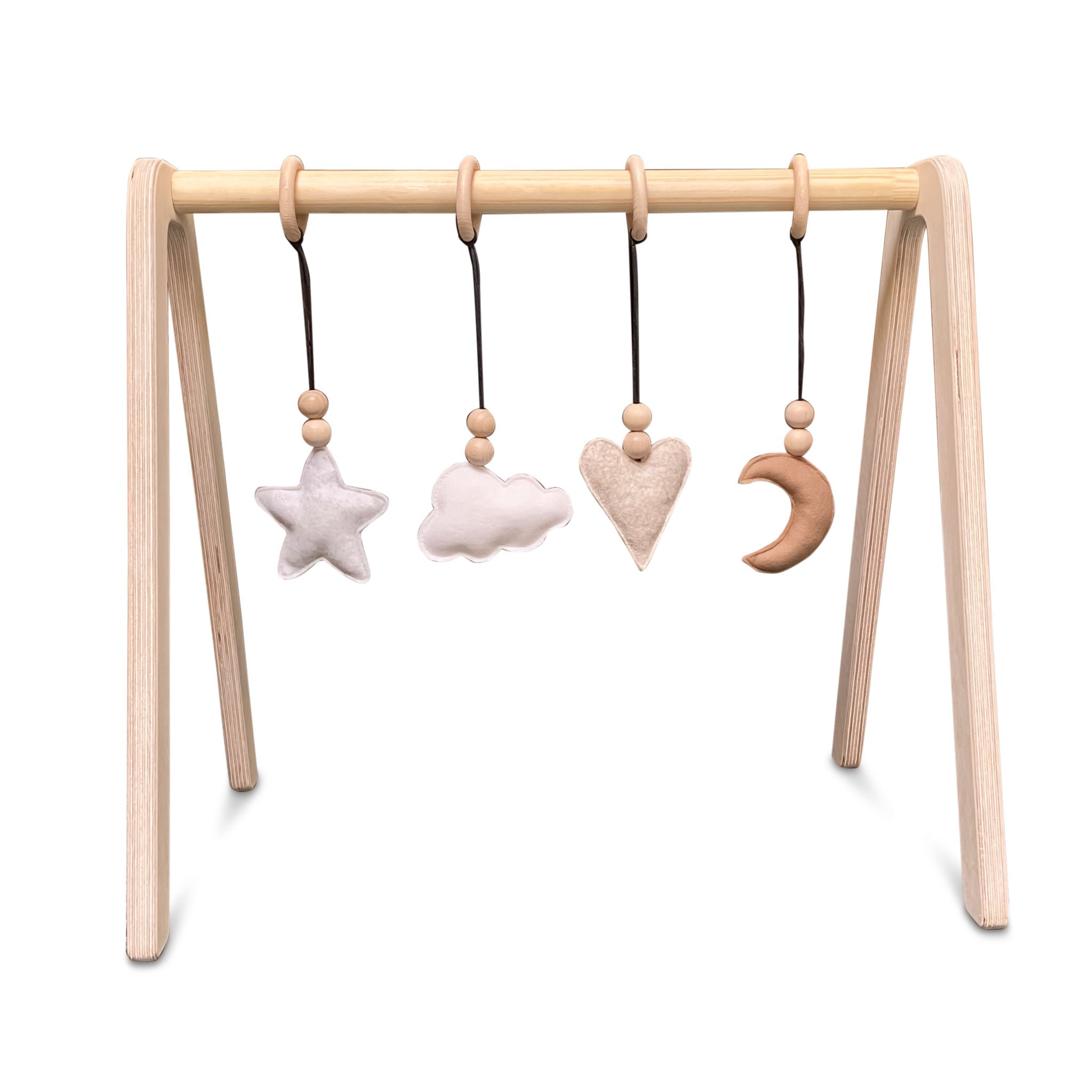 Blank houten babygym , met naturel hangers , speelboog massief hout - toddie.nl