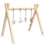 Houten babygym | Massief houten speelboog tipi vorm met natuur hangers - blank