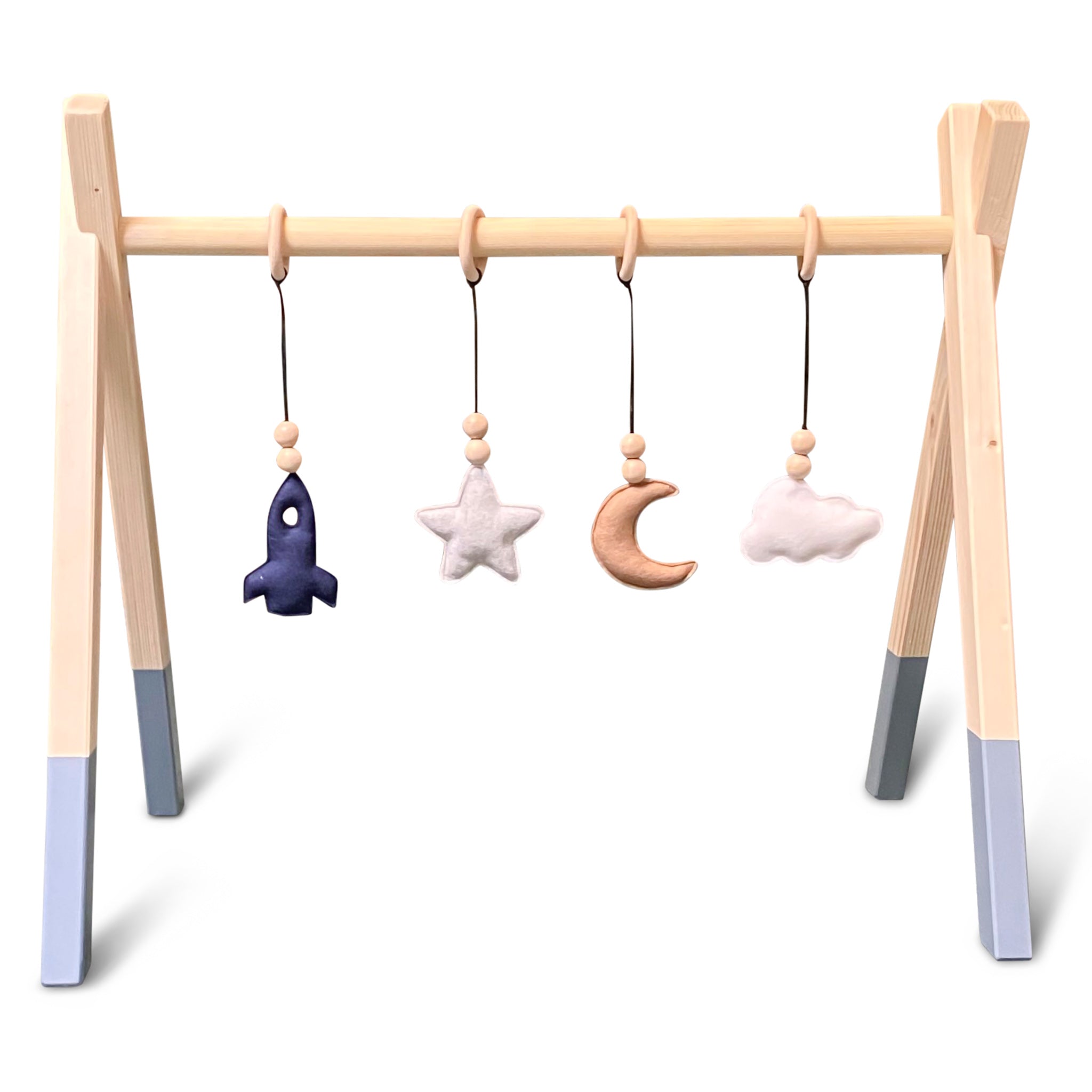 Houten babygym Denim drift, met ruimte hangers , Tipi vorm massief hout - toddie.nl