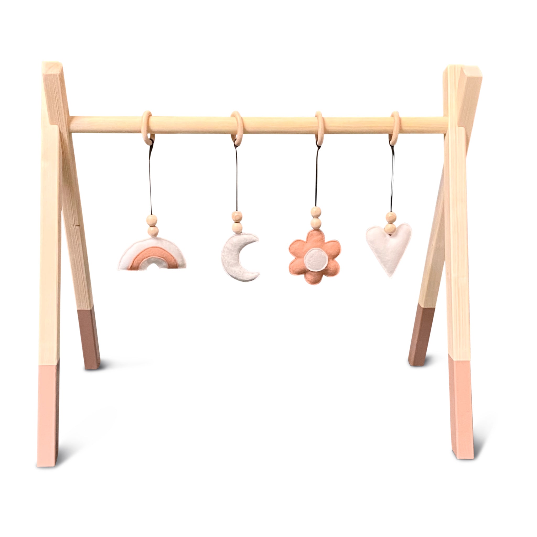 Houten babygym Terra roze, met bloem en regenboog hangers , Tipi vorm massief hout - toddie.nl