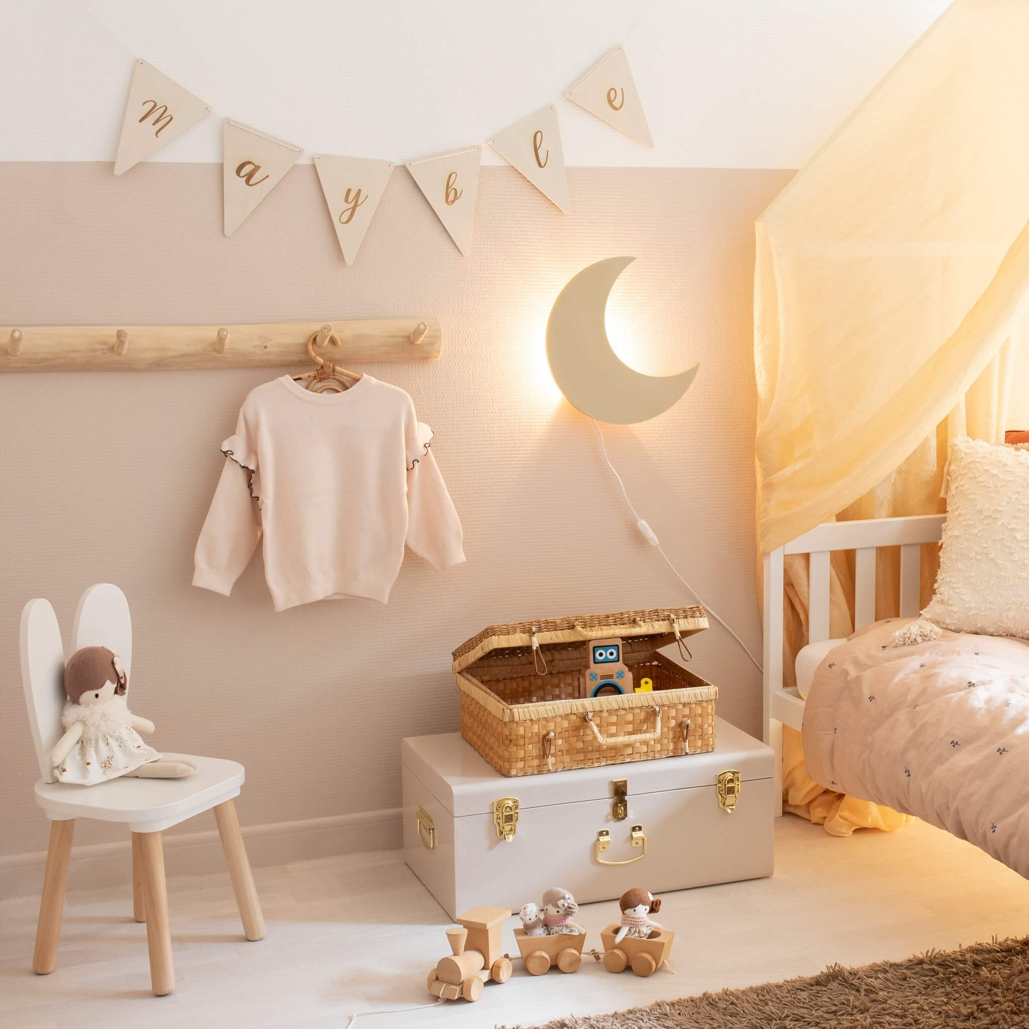 Houten wandlamp kinderkamer | Maan - Goud - toddie.nl