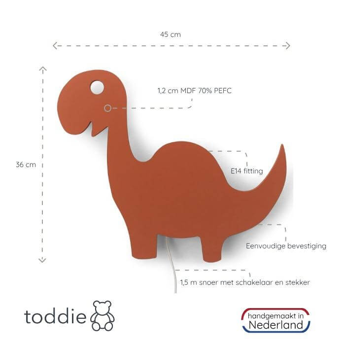 Houten wandlamp kinderkamer | Dino - baksteen rood - toddie.nl