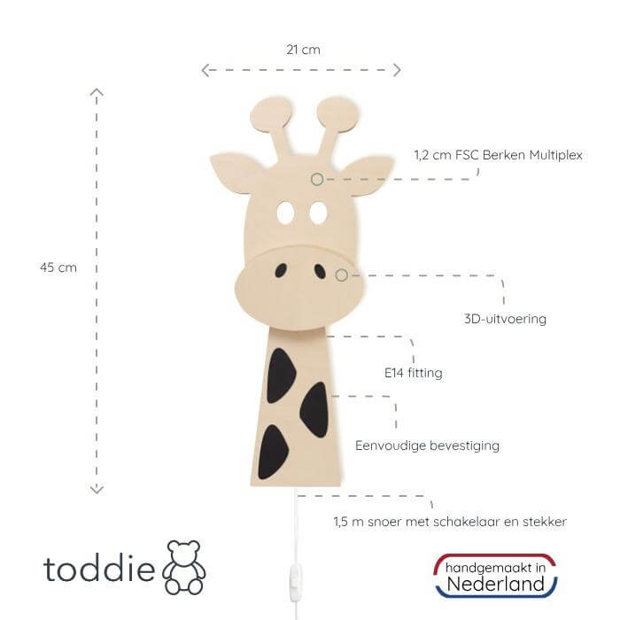 Houten wandlamp kinderkamer | Giraffe - multiplex - toddie.nl