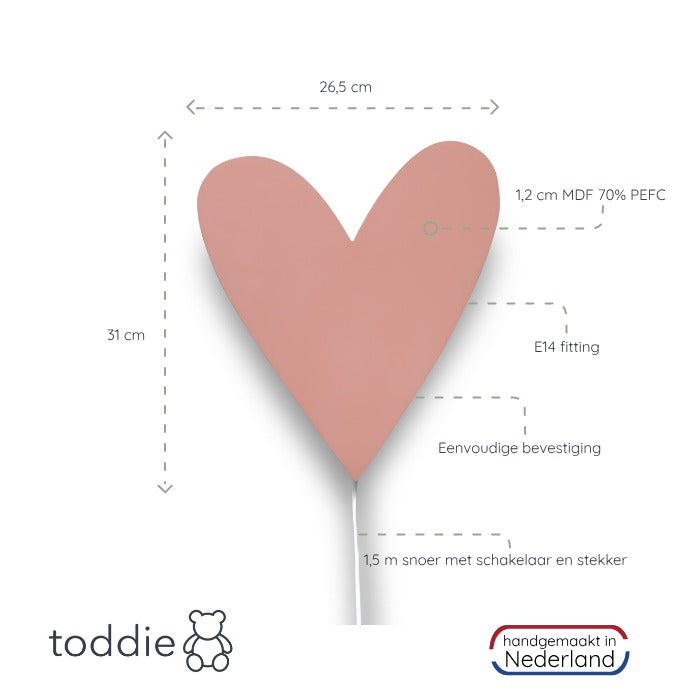 Houten wandlamp kinderkamer | Hart Terra Roze - toddie.nl