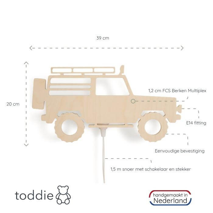 Houten wandlamp kinderkamer | 4x4 Jeep - toddie.nl