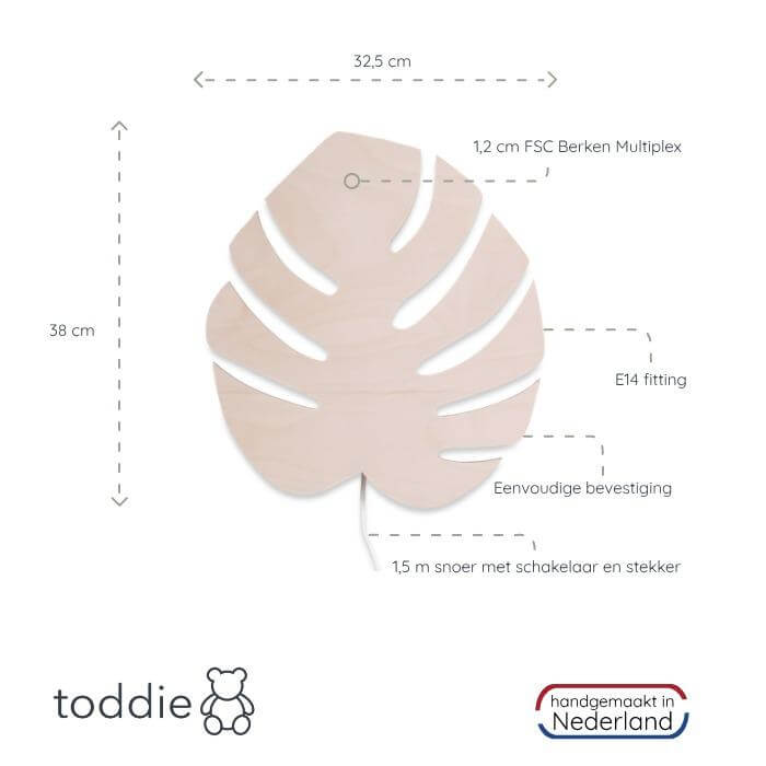 Houten wandlamp kinderkamer | Monstera blad - toddie.nl