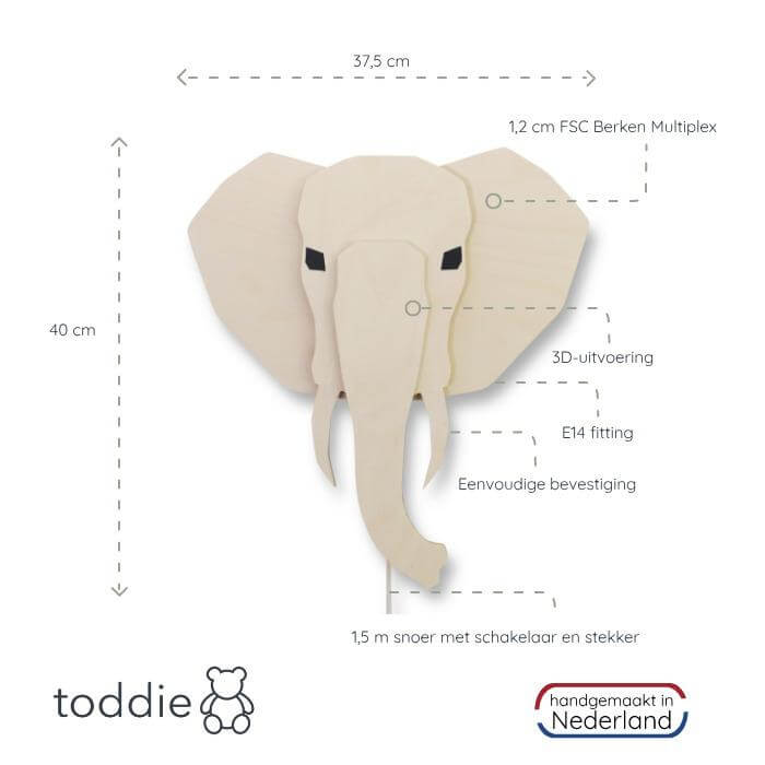 Houten wandlamp kinderkamer | Olifant 3D - toddie.nl