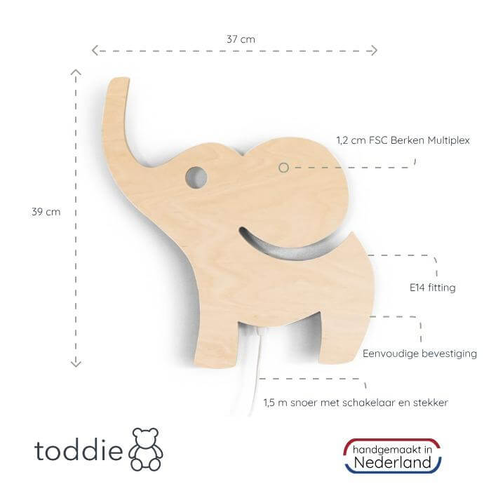 Houten wandlamp kinderkamer | Olifant multiplex - toddie.nl