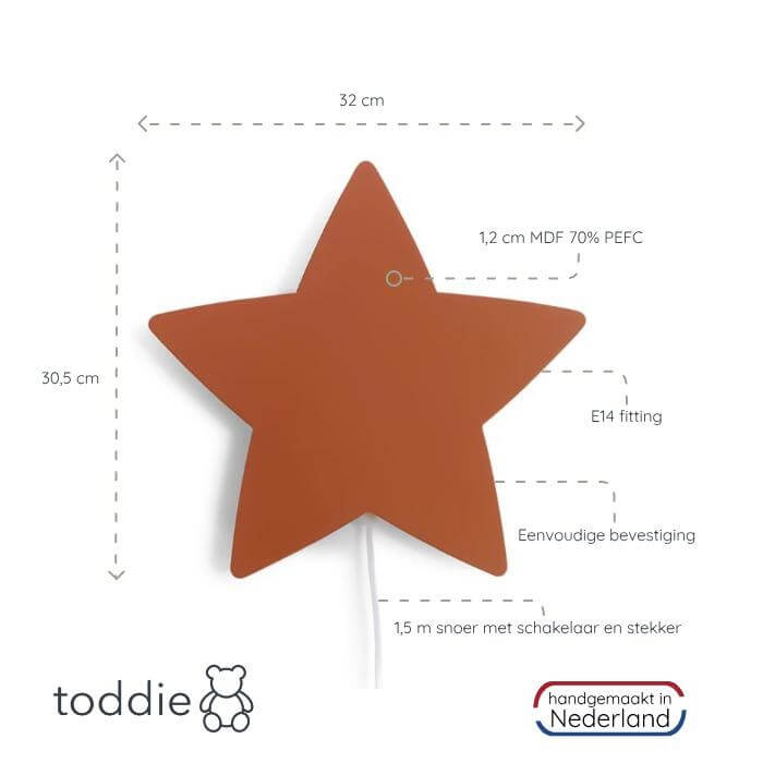 Houten wandlamp kinderkamer | Ster - baksteen rood - toddie.nl