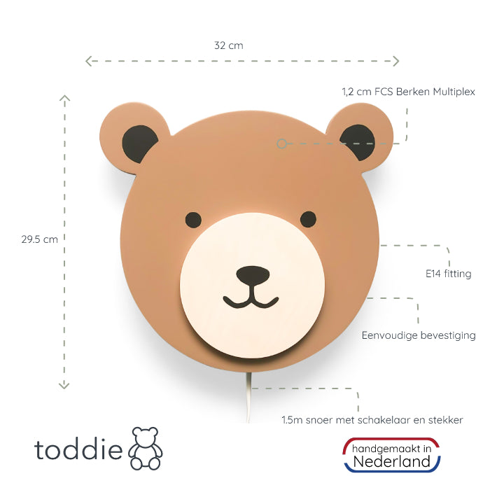 Houten wandlamp kinderkamer | Teddy multiplex, Spiced honey - toddie.nl