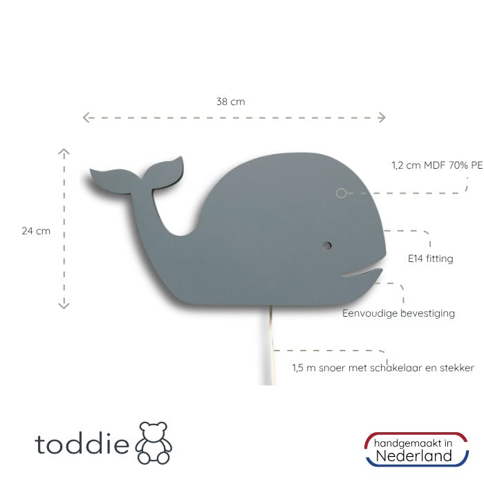 Houten wandlamp kinderkamer | Walvis denim drift - toddie.nl