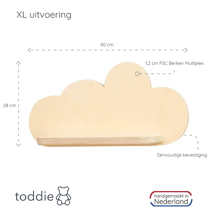 Grote blank houten wandplank XL wolk, plank kinderkamer | Wolkie - toddie.nl