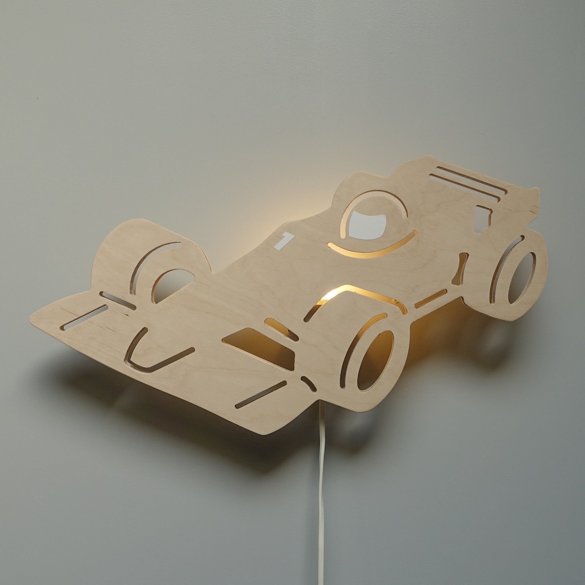 Houten wandlamp kinderkamer | Racewagen, Formule 1 multiplex - toddie.nl