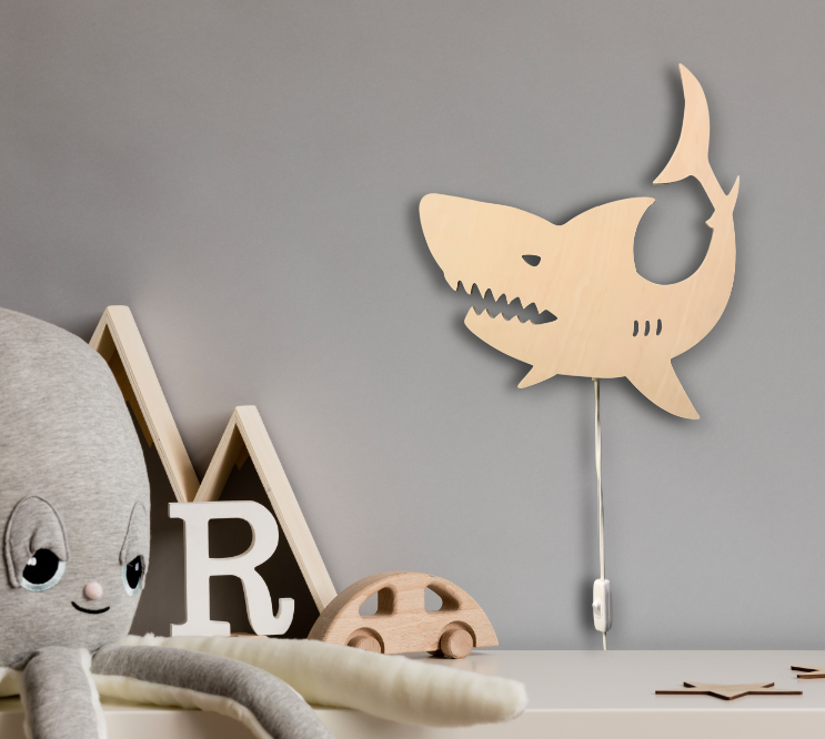 Houten wandlamp kinderkamer | Haai multiplex - toddie.nl